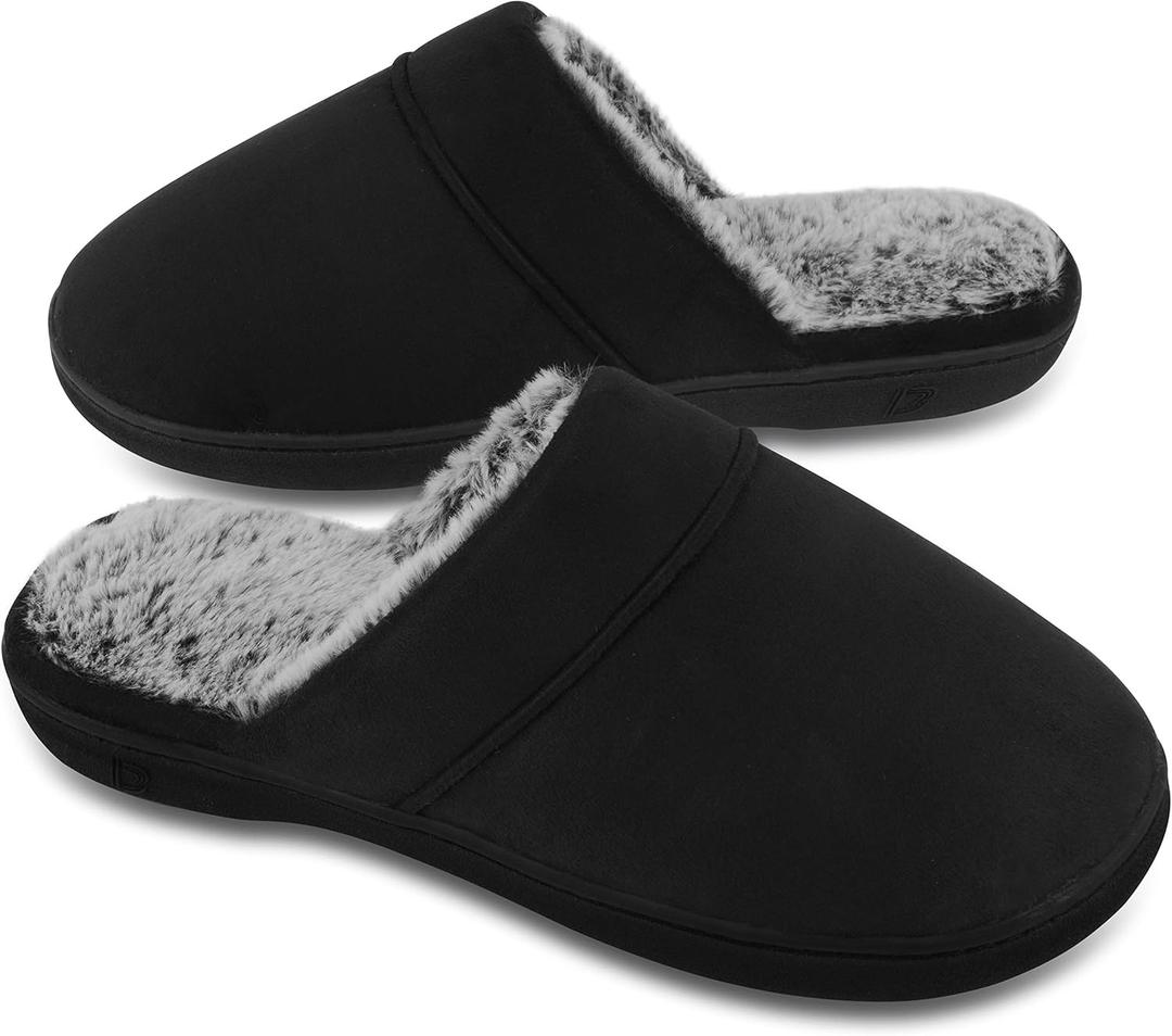 DL Men's Memory Foam Slippers with Fuzzy Plush Lining, Slip on House Slippers with Indoor Outdoor Anti-Skid Rubber Sole (9-10, Black)