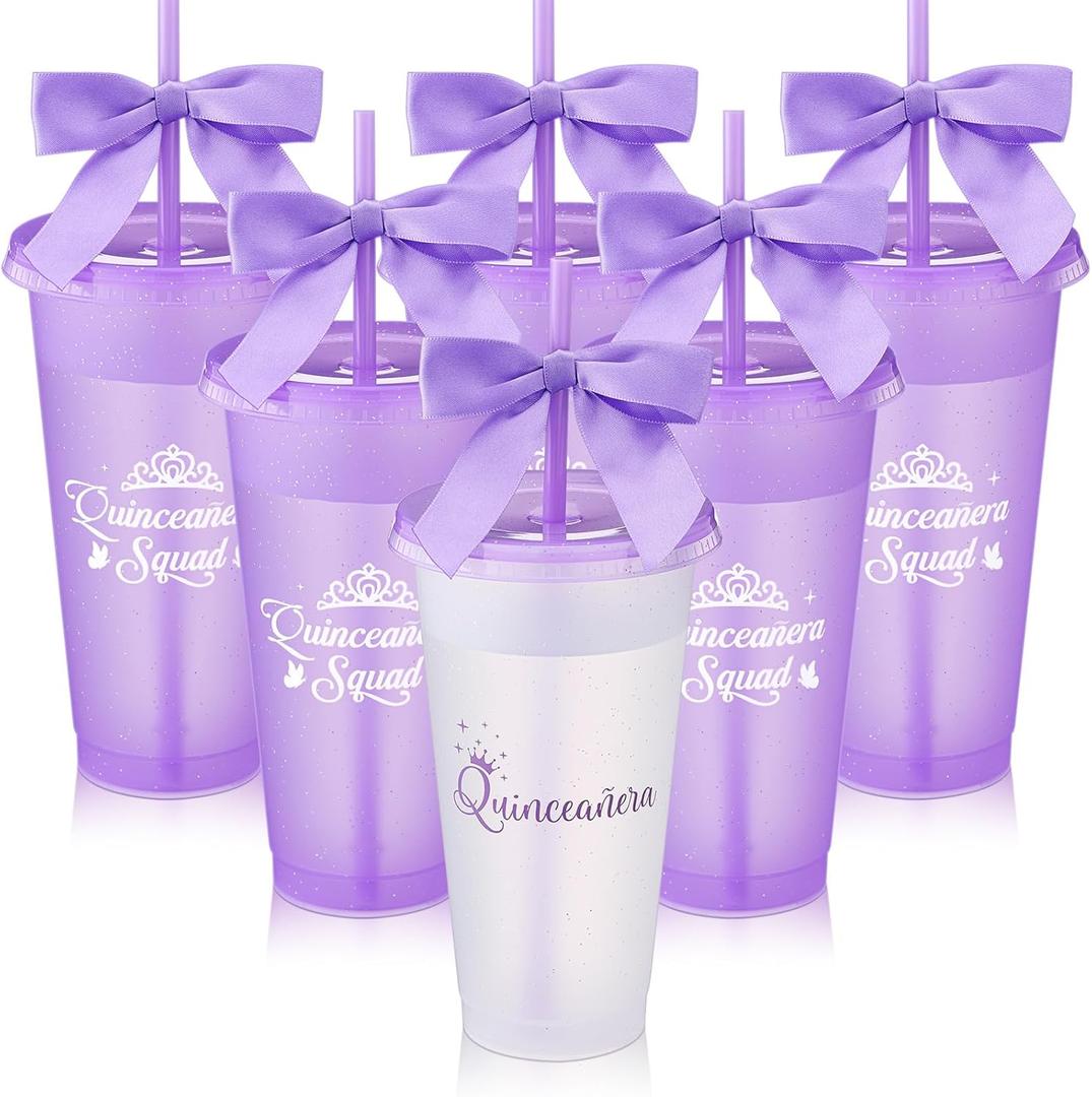 Jingmore 6 Pcs Quinceanera Party Favors for Guests 15th Quinceaera Squad Reusable Tumbler with Straw Lid Twist Bow 24 oz Spanish Gift 15 Birthday Party Thank You Gifts (Purple)