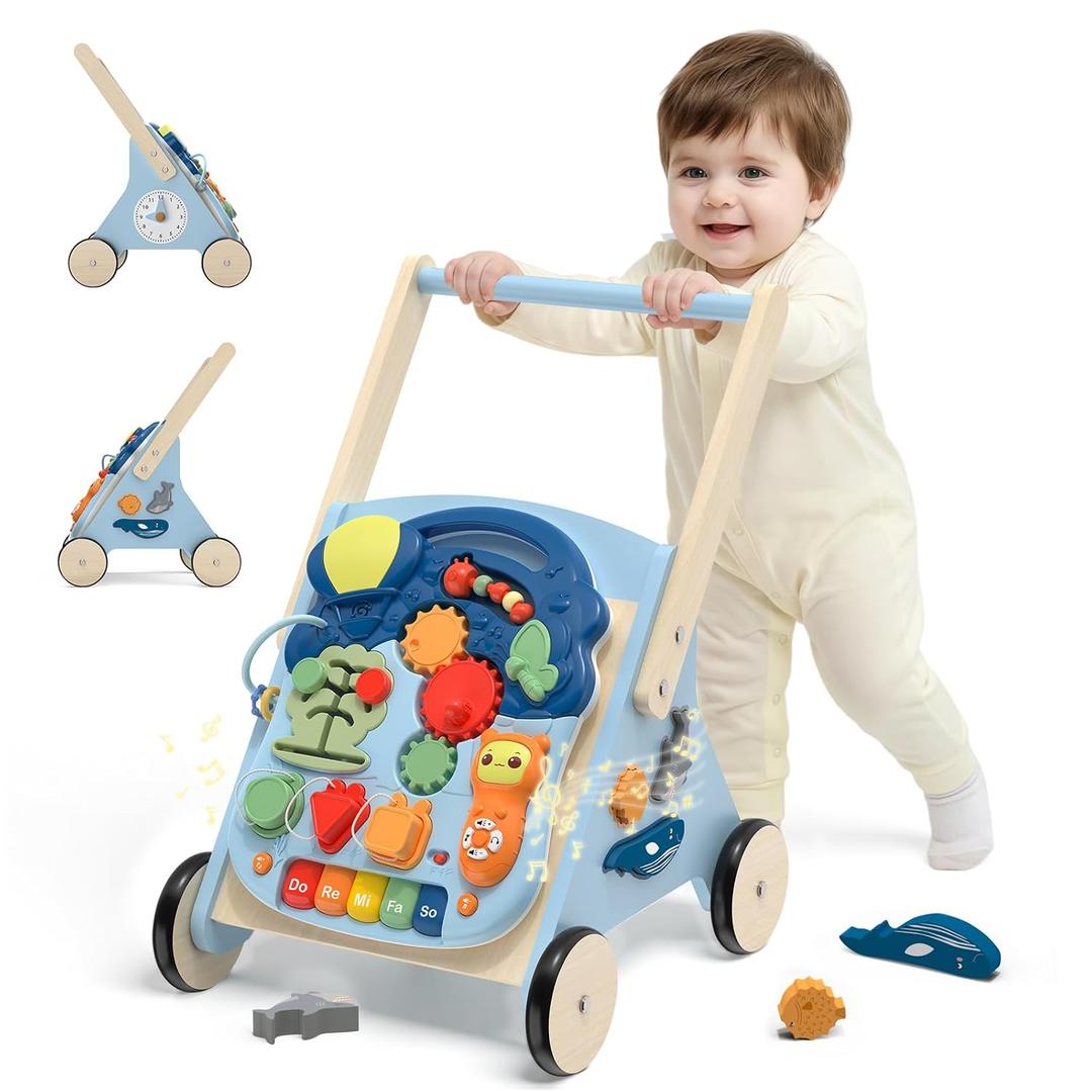 Wiqins Wooden Baby Push Walker, 10-in-1 Baby Walker Toys with Wheels for Toddlers 18 Months, Detachable Montessori Activity Board Toy & Storage for 1 Year Old Boys Girls Learning to Walk