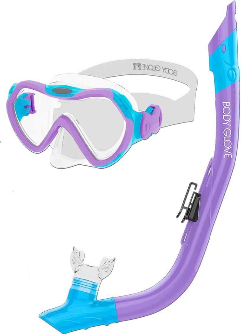 Body Glove Aquatic - Grape Youth - Mask and Snorkel Combo - Snorkeling, Diving, and Swimming-Adult-Tempered Glass-Silicone-Flex Tube-Snorkel Dry top-Splash Guard