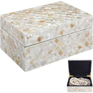 AceOrbit Mother of Pearl Shell Jewelry Box with Lids Handmade Keepsake Jewelry Chest Rectangular Wooden Nacre Storage Box for Earring Bangle Watch Keepsake Tea Bags