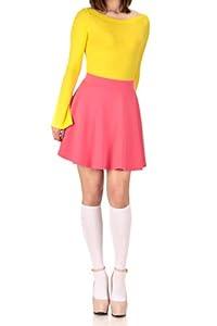 Basic Solid Stretchy Cotton High Waist A-line Flared Skater Mini Skirt (M, French Rose)