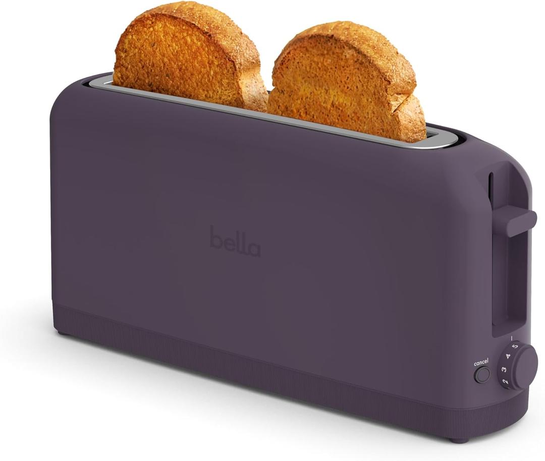 bella 2 Slice Slim Toaster, Fitsanywhere™ Kitchenware, 6 Setting Shade Control with Reheat & Cancel Buttons, Fits sourdough, 10” Long Slot, Anti Jam & Auto Shutoff, 900 Watt, Plum