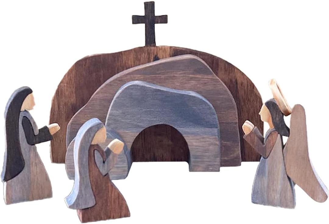 Empty Tomb Easter Scene and Cross Decoration Wooden Jesus Nativity Christ Statue Christian Easter Tray Decor for Home Office Tabletop