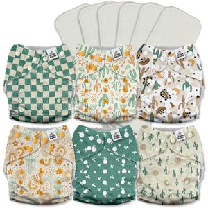Mama Koala 3.0 Pocket Cloth Diapers for Babies with AWJ Lining, 6 Pack with 6 5-Layer Natural Cloth Diaper Inserts - Reusable and Washable Pocket Diapers(A-Desert Oasis)