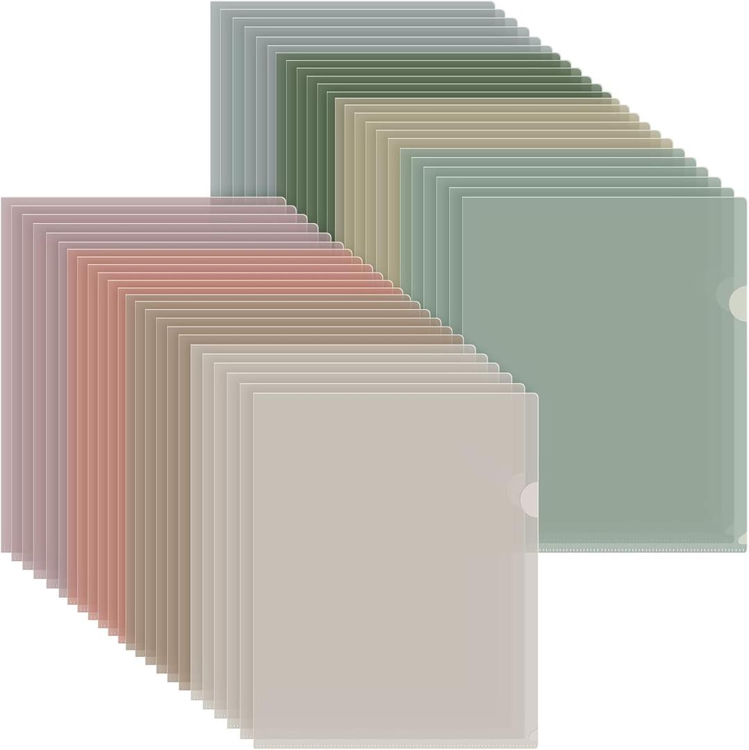 Kisston 48 Pack Clear Plastic Folder Sleeves 8 Assorted Colors Clear Document Folder Project Pockets for Letter Size 8.5x11inch for Office School Business Morandi Color