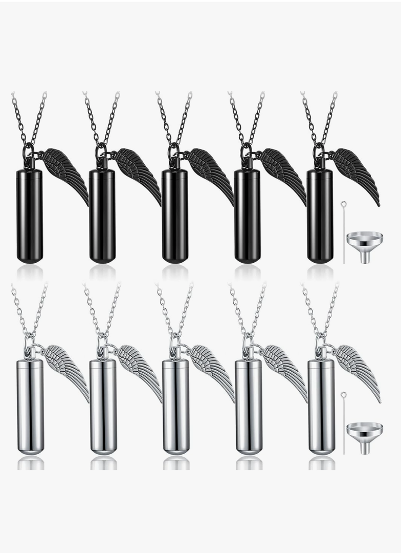 Kigeli 10 Pcs Urn Necklace for Ashes for Men Women with Angel Wing Stainless Steel Cremation Memorial Keepsake Pendant Cremation Jewelry for Ashes Memorial Necklace Angel Cylinder Pendant Kit