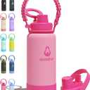 32 oz Insulated Water Bottle with 2 Lids (2-in-1 Straw & Spout Lid, Magnetic Lid), Slim Water Bottle with Strap, Stainless Steel Water Bottle for Hiking, Gym, Travel, BPA-Free, Pink