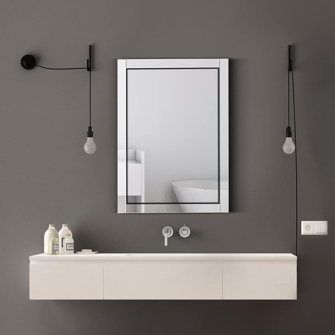 Syndra 24x 32 Rectangular Mirror for Bathroom, Bathroom Mirrors for Over Sink, Wall Mounted Vanity Mirror with Tempered Glass, Rust-Resistant Solid Wood Frame for Bathroom, Bedroom, Living Room