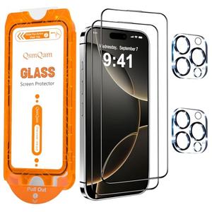 QsmQam for iPhone 16 Pro Screen Protector + Camera Lens Protector, [Military Grade Shatterproof], Ultra Top 9H+ Tempered Glass, Full Coverage Screen, with Automatic Dust Removal [2+2 Pack] 5 pack