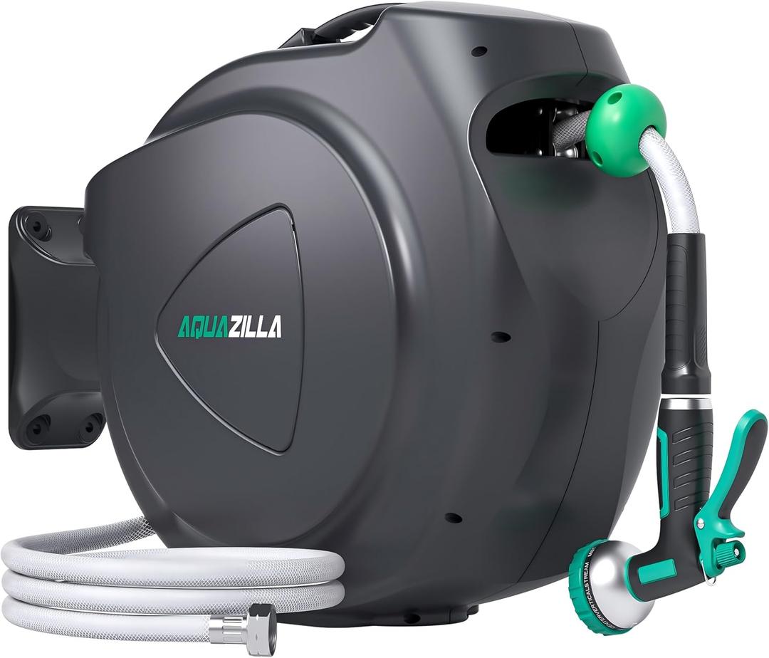 Retractable Garden Hose Reel - 1/2 in x 120 ft Automatic Wall Mount Heavy Duty Automatic Water Hose Reel with 9 Patterns Nozzle, Kink-Resistant Hose, 180 Swivel, Auto-Lock for Outdoor Watering