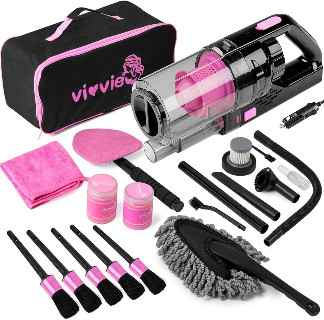 Car Cleaning Detailing Kit Interior Cleaner, 14Pcs Cleaning Supplies with High Power Portable Vacuum Cleaner, Detailing Brush Set, Windshield Cleaner, Pink Car Accessories for Women
