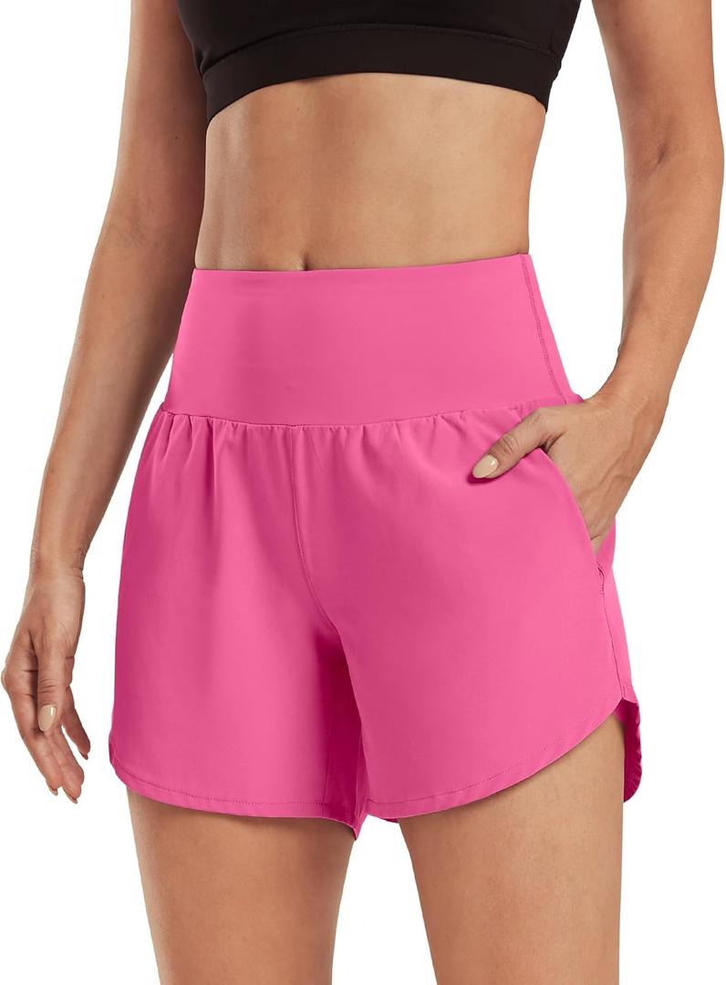 G4Free Chillwhisp Womens Athletic Shorts 4" High Waisted Lightweight Running Shorts with Pockets (Pink, L)