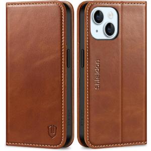SHIELDON Case for iPhone 15 2023, Genuine Leather Wallet Book Case Magnetic RFID Blocking Credit Card Holder Kickstand Shock Absorbing Cover Compatible with iPhone 15 6.1" - Retro Brown