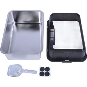 Stainless Steel Cat Litter Box Large High Sided Open Top Anti Splashing Easy to Clean Kitty Litter Tray for Indoor Cats Multi Cat Households Durable Proof Odorless 19.7 x 13.8 x (Black)