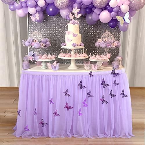 9ft Purple Butterfly Table Skirt for Butterfly Theme Baby Shower Gilrs Tulle Tutu Table Skirt for Butterfly Birthday Party Wedding Cake Dessert Table Decorations