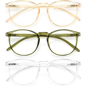 IBOANN Chic & Comfy Blue Light Glasses for Women - 3-Pack Round Frames, Screen-Ready Style with UV Protection Coating (*B117 Tranparent&dark Green&orange)