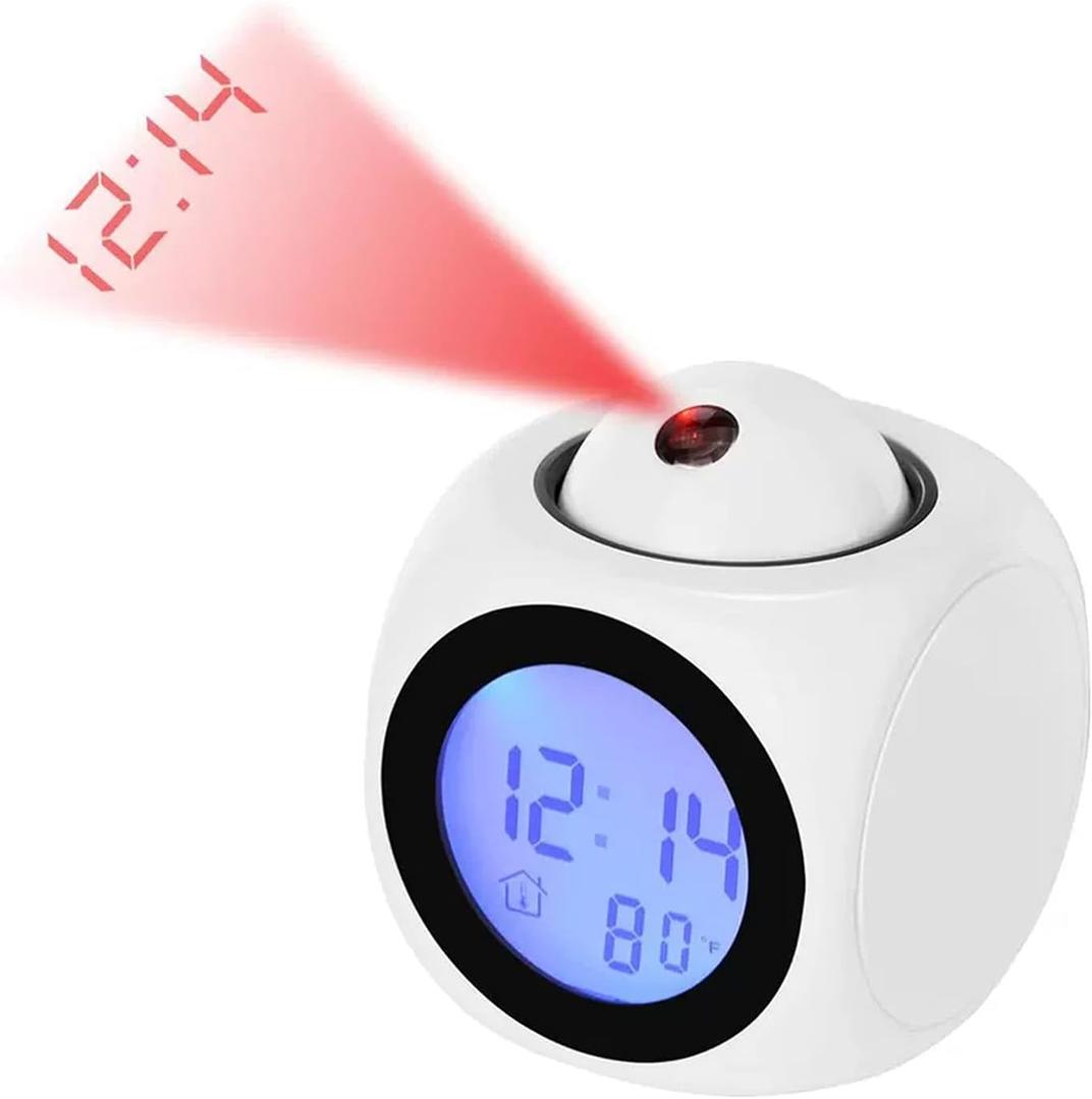 with Voice Talking LED Time Temperature for BedroomProjection Alarm Clock for Bedrooms Digital Voice Report Alarm Clock 12/24 HDigital Electric Clocks Projection On Ceiling, Bedside, Office (White)