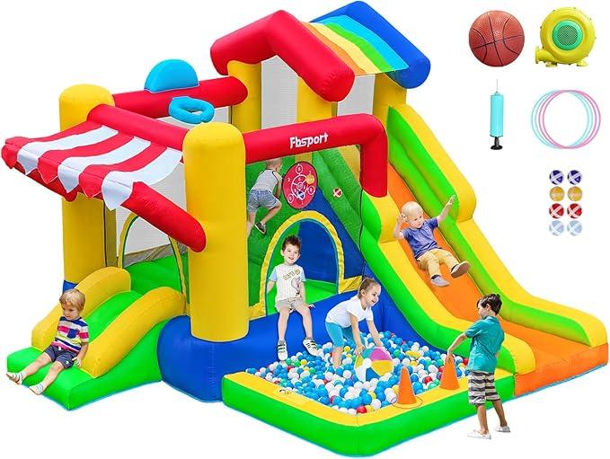FBSPORT Inflatable Bounce House with Slide for Kids, Indoor and Outdoor Blow up Bouncy House Bouncer Castle with Ball Pit, Jumping Area, Climbing Wall, Ball Shooting, Basketball Hoop, Ring Toss