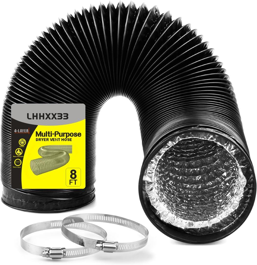 Dryer Vent Hose - 4 inch Flexible Duct, 8ft Long, Heavy-Duty Four-Layer Protection - Ideal for Heating, Cooling, Ventilation - Includes 2 Pack Clamps