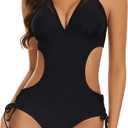 Women's Halter Cutout One Piece Swimsuit Mesh Monokini Bathing Suit (Medium, Black)