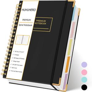 Huhuhero 5 Subject Notebook, 240 Pages Lined Spiral Journal College Ruled, 7.6" x 10.5 B5 Hardcover Journaling Notebooks for Work Note Taking, College School Supplies, Black