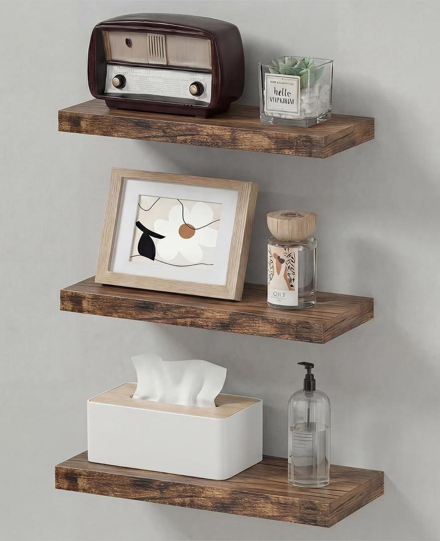 Easy Install Floating Shelves, 15.7 Inch Wall Mounted Wooden Shelf, Small Hanging Shelf for Home Decor, Books and Storage, Organizer for Bedroom, Bathroom, Kitchen, Set of 3, Vintage Brown