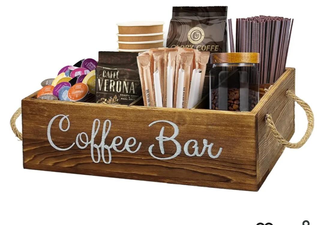 Coffee Station Organizer with Small Removable Dividers, Wooden Coffee Bar Accessories Storage For Countertop, Farmhouse Kcup Coffee Pod Holder Basket With Handle For Coffee Lover