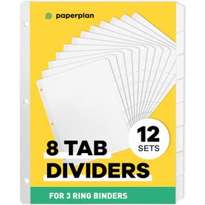 Binder Dividers with Tabs - (Set of 12) x 8-Tab Dividers for 3 Ring Binders, White, Reinforced Edge - Ideal for Keeping Your Documents Neat and Professional
