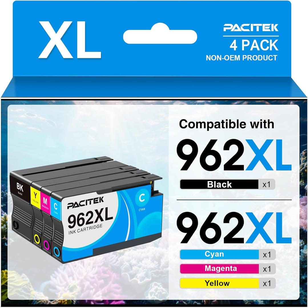 962 XL 962XL Ink Cartridges Combo Pack Replacement for Hp 962XL Ink Cartridges for HP OfficeJet Pro 9010 9012 9014 9015 9016 9018 9020 9025 Printers (1BK/1C/1M/1Y, 4 Pack) (Black/C/M/Y)