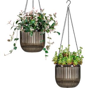 Josteve 6.5 Inch 2 Pcs Self Watering Hanging Planter Indoor Plant Pots Drainage Holes, Outdoor Hanging Planters Flower Pot Basket, Visible Water Level, Plant Hanger Home Decor, Gardening (Gray)