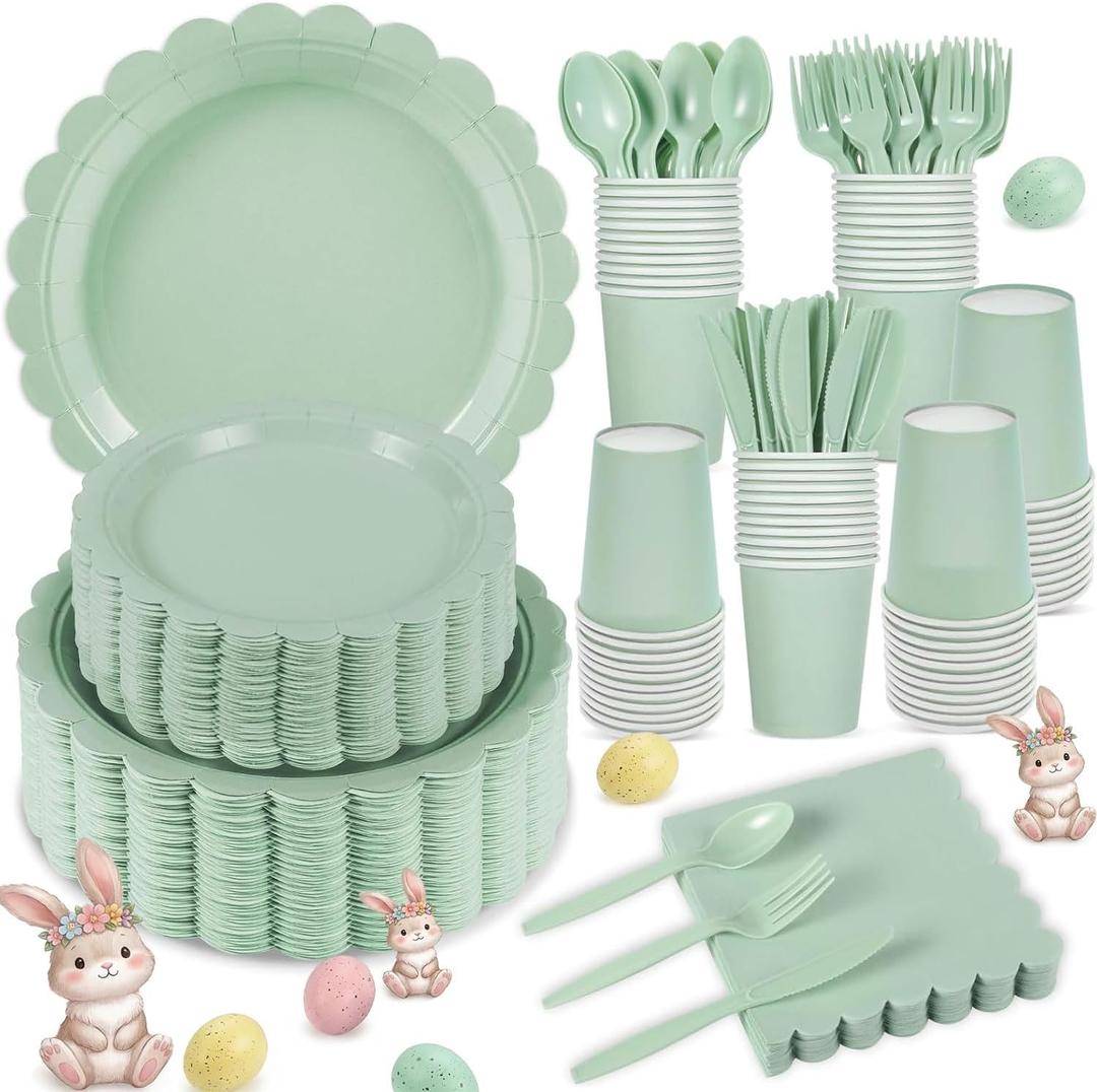 350 Pcs Sage Green Paper Plates and Napkins, Sage Green Party Supplies Include Green Scalloped Plate Paper Napkin Cup Plastic Cutlery for Baby Shower, Wedding, Birthday