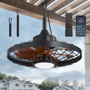 LEDIARY 20" Outdoor Ceiling Fan with Lights,IP65 Waterproof Gazebo Hanging Fan with Remote Control Smart App, Plug in Caged Ceiling Fan with 3CCT 6-Speeds for Patio Porch Pergola(Walnut)