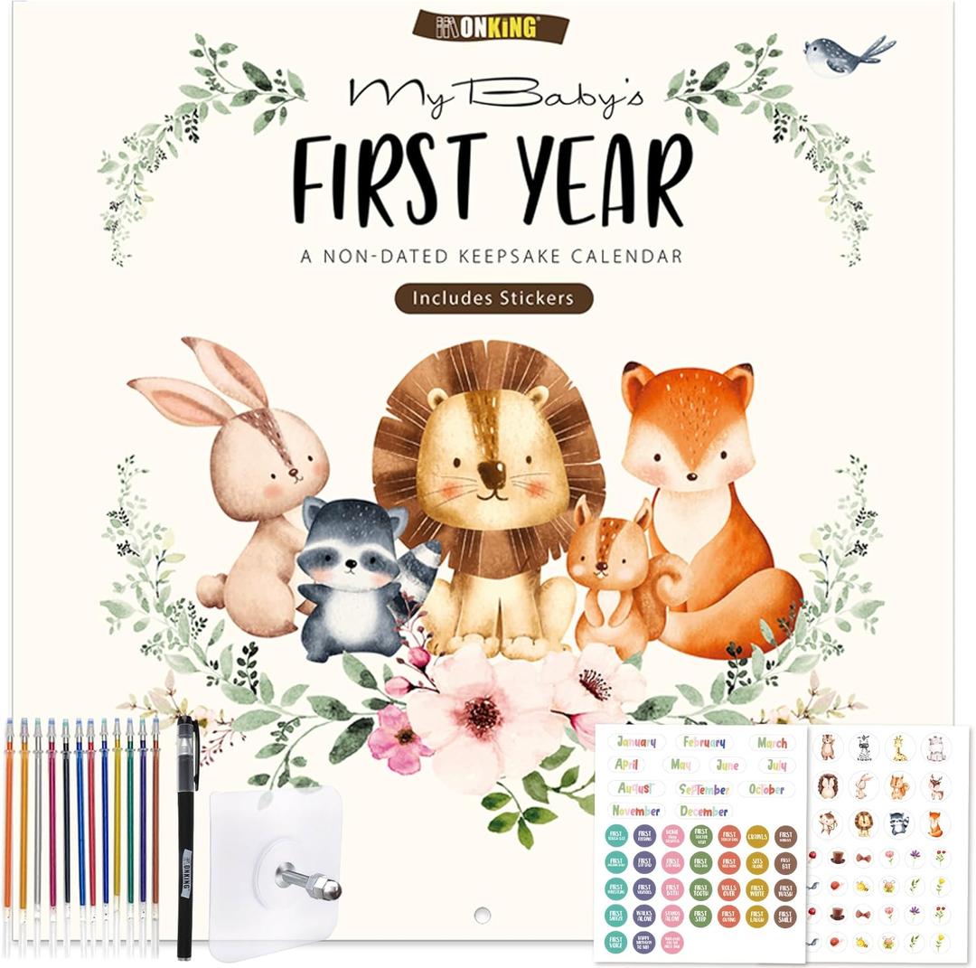 Baby's First Year Calendar with Stickers - 1st Year Tracker and Memory Book for Girls and Boys - Document and Cherish Milestones with Pocket and Drill Free Adhesive Hook