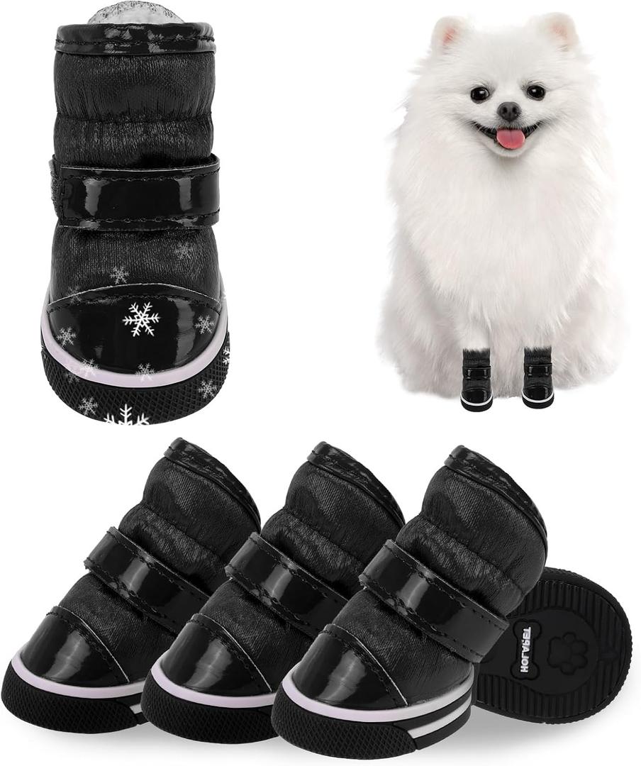 SCENEREAL Fleece Dog Shoes for Winter, Dog Boots & Paw Protectors, Warm Puppy Snow Booties for Small Medium Sized Dogs, Anti-Slip Rubber Sole PU Waterproof Boots for Outdoor Walking, Black Size 3 (Size 3: fit for paw width 0.9"-1.1")