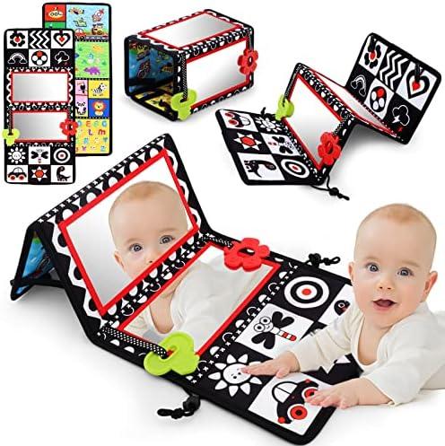 Oarifun Tummy Time Floor Mirror with Teethers, Double-Sided Baby Mirror Black and White High Contrast Baby Toys for Babies, Baby Montessori Toys Crawling Developmental Newborn Infant Sensory Toys