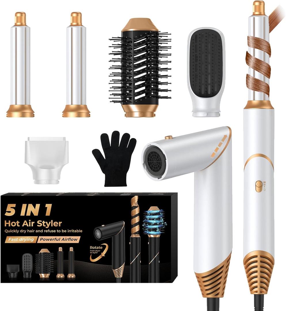 5 in 1 Blow Dryer Brush,Hair Dryer Brush with Detachable Air Styler,Negative Ionic Magic Hair Styler,Hot Air Brush for Women Volumizer,Straightener,Drying (Gold)