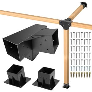 15 Lean Pergola Kit 4x4(Inner 3.64x3.64), 4-Way Slanted Pergola Roof Bracket, Post Base-Angled 4x4 Wood Post Bracket-DIY Gazebo Brackets-Hardware Kit for Outdoor Wood Beam Post Sunroom Carport Cabin