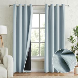 Light Blue 100% Blackout Curtains for Bedroom, Thermal Insulated Linen Look Grommet Window Curtain Drapes with Black Back for Living Room, 52 x 84 Inch Length, 2 Panels