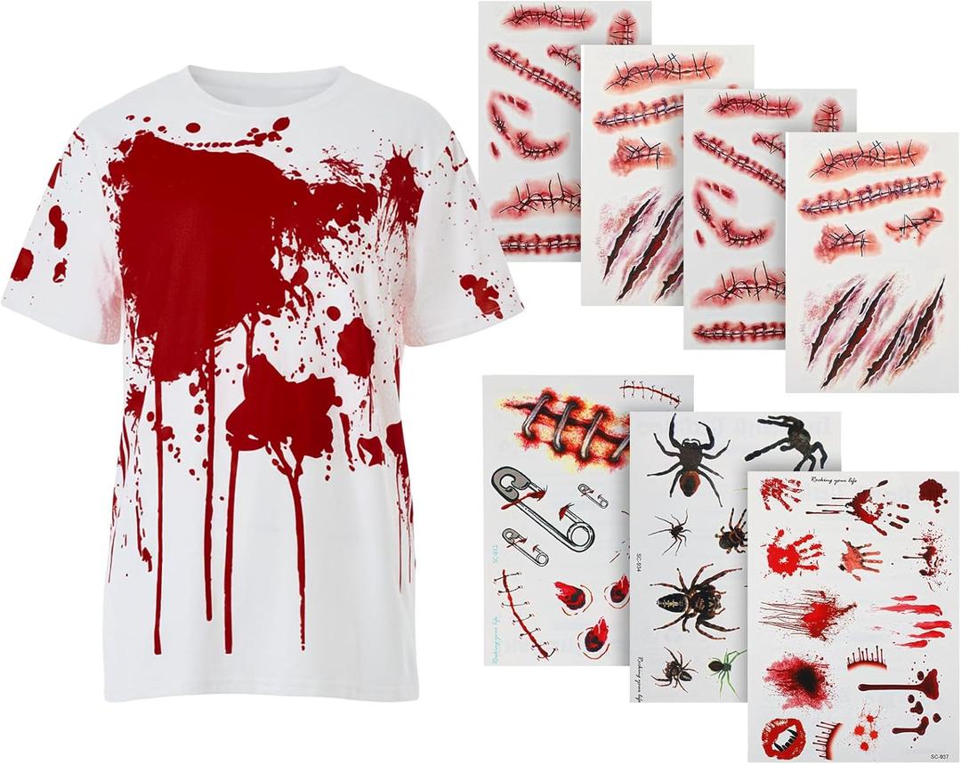 Outus Halloween Blood Splatter T-Shirt with 7 Sheet Blood Tattoo Stickers, Scary Halloween Bloodstained Horror Costume Accessories Kit for Adult Party Cosplay Masquerade Prank Makeup Props(X-Large)