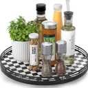 Black and White Kitchen Lazy Susan Turntable  Checkered Round Decorative Tray, 13 Table Top Oak Wood Lazy Susan for Cookies, Dining Table Organizer, Small Kitchen Table Centerpiece