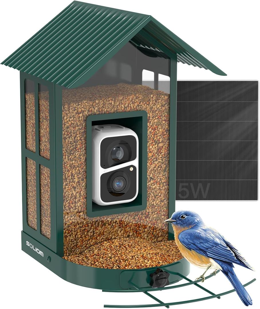 SOLIOM BF08- Metal Solar Bird Feeder Camera with AI Identify Species, Wild Bird Watching Cam, Live View, Instant Notifications with 5W Solar Panel(Green)