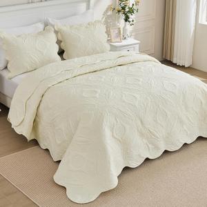 Kingnex Oversized King Bedspreads 128x120 for Extra Wide Tall King or Cal King Bed Ultrasonic Quilted Coverlet Set 3 Piece Include 1 Quilt 2 Pillowcases Cream