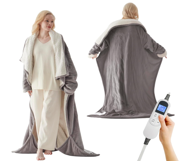 Electric Blanket Wearable with Foot Pockets & Sleeves, Electric Heated Snuggle Blanket, Flannel & Sherpa Heating Throw with 10 Heat Settings, 1-12 Hours Auto Shut-Off, 50"70", Gray