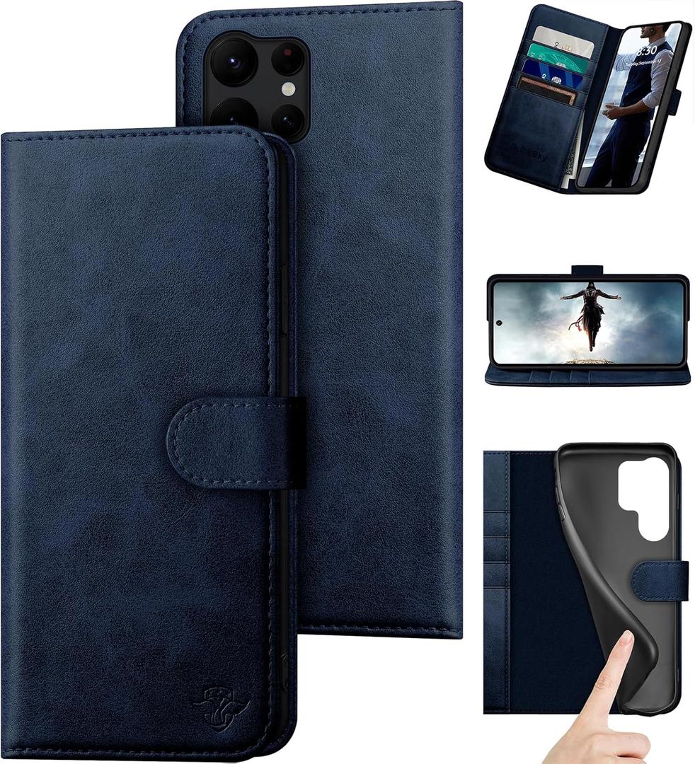 DuckSky Compatible with Samsung Galaxy S25 Ultra Genuine Leather Wallet caseRFID Blocking4 Credit Card HolderReal Leather Flip Folio Book Phone case Cover Women Men for S25 Ultra case Dark Blue