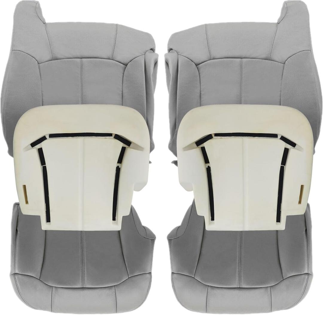 SecosAutoparts Driver & Passenger Bottom & Top Lean Back & Foam Cushion Gray Replacement Leather Seat Cover Compatible with Chevy Silverado Tahoe Sierra Suburban Avalanche 1999 2000 2001 2002