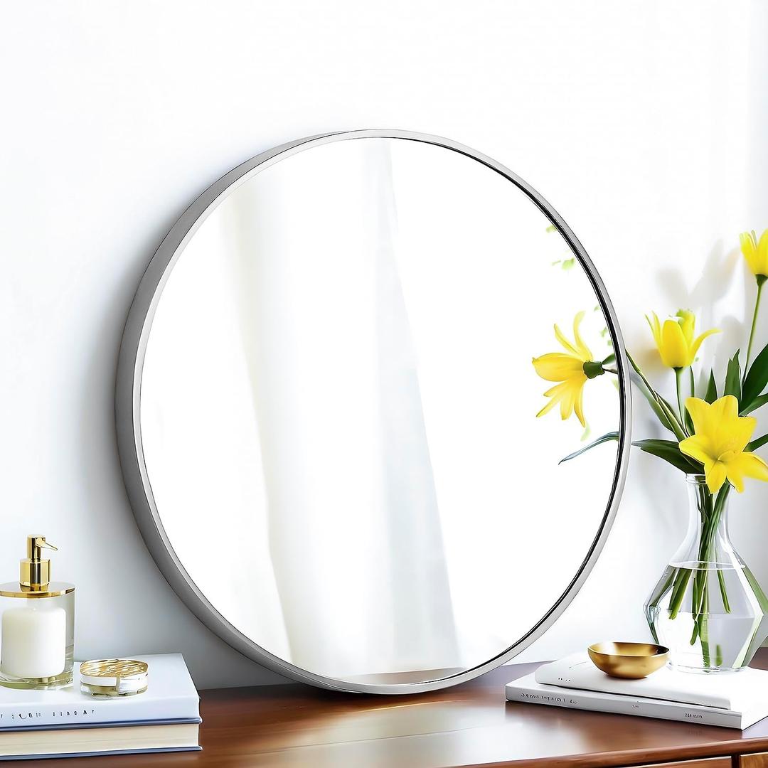20" Round Mirror Circle Wall Mounted Hanging or Against Wall Metal Frame Dressing Make-up Mirrors for Entryway Bedroom Bathroom Living Room 20 inch Silver