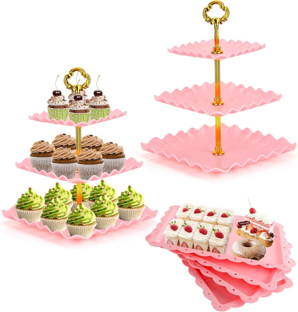 6 Pcs Dessert Table Display Set - 2 X Cupcake Stand Holder/Cup Cake Tier Tower & 4 X Serving Tray Combo for Tea Party, Birthday, Baby Shower (Square Pink)