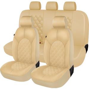CAROMOP Luxury PU Leather Car Seat Covers Full Set-Waterproof Seat Protectors with Split Bench Seat Covers for Cars-Universal Cars Interior Covers for Sedans, SUVs, Pick-up Trucks(Beige/Beige Line)