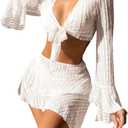 SHENHE Women's 4 Piece Swimsuit Halter Triangle High Cut Bikini Set with Coverup Top and Skirt (White)